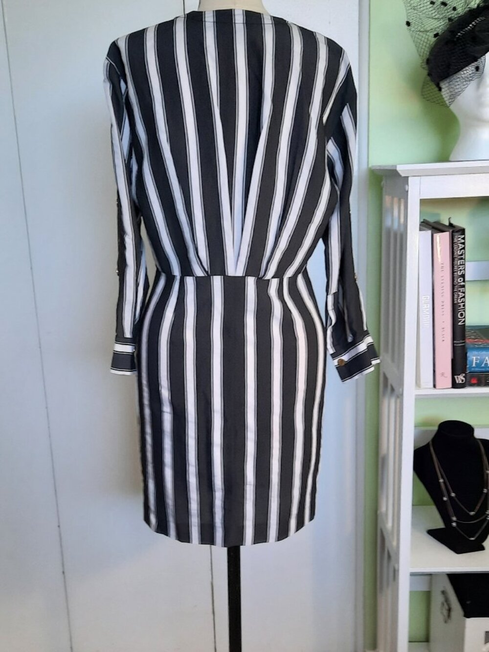 Sandro Paris Black White Striped Shirt Dress Gold Buttons Size Small - Picture 5 of 8